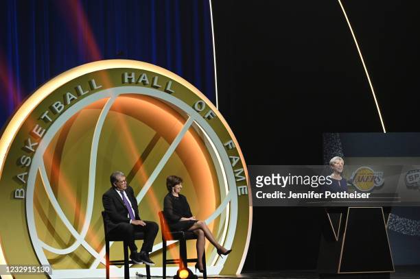 Enshrinee Barbara Stevens addresses the guests during the 2020 Basketball Hall of Fame Enshrinement Ceremony on May 15, 2021 at the Mohegan Sun Arena...