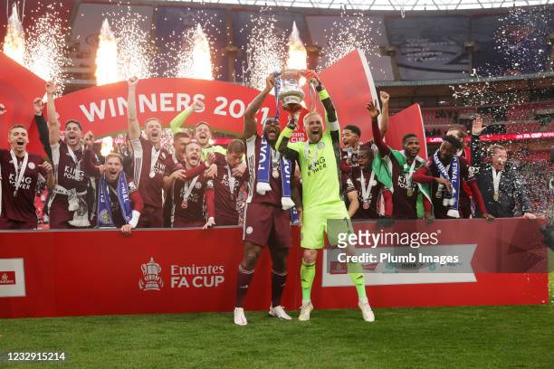 Leicester City lift the FA Cup trophy after winning The Emirates FA Cup Final match between Chelsea and Leicester City at Wembley Stadium on May 15,...