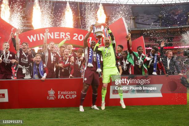 Leicester City lift the FA Cup trophy after winning The Emirates FA Cup Final match between Chelsea and Leicester City at Wembley Stadium on May 15,...