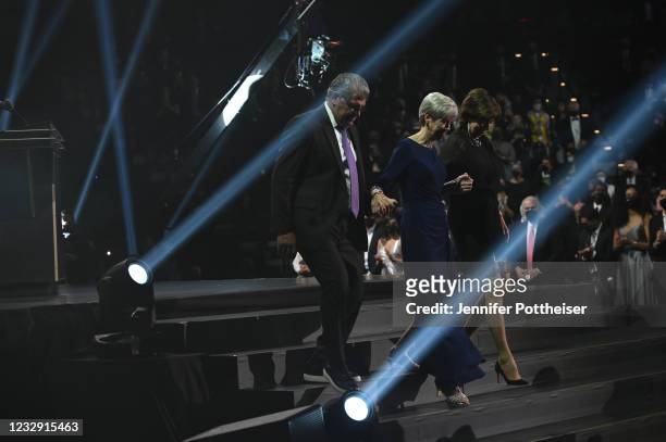 Enshrinee Barbara Stevens with Muffet McGraw and Geno Auriemma during the 2020 Basketball Hall of Fame Enshrinement Ceremony on May 15, 2021 at the...