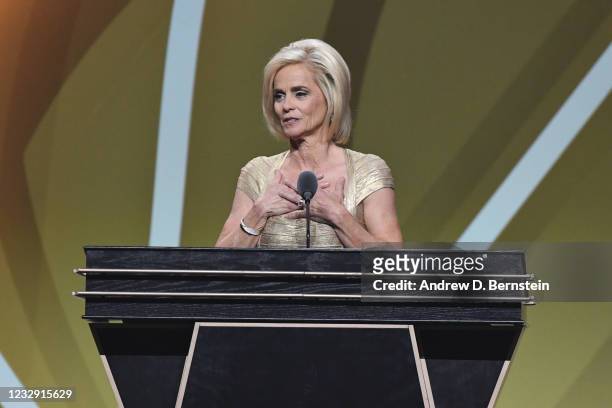Enshrinee Kim Mulkey addresses the guests during the 2020 Basketball Hall of Fame Enshrinement Ceremony on May 15, 2021 at the Mohegan Sun Arena at...