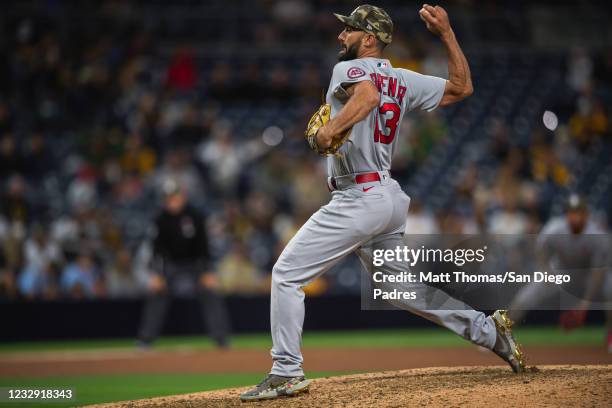 Matt Carpenter of the St Louis Cardinals pitches in the seventh inning at Petco Park on May 15, 2021 in San Diego, California.