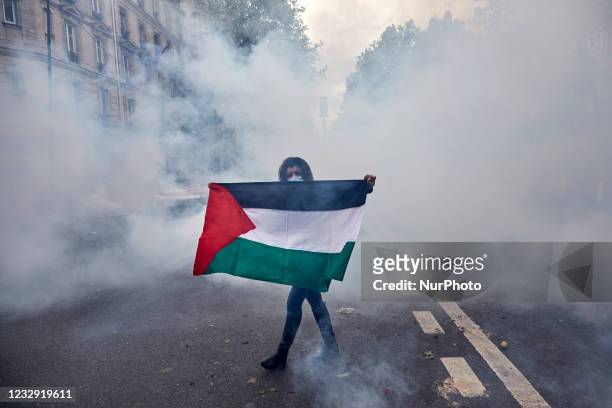 Prohibited pro palestinian protest turns into clash with the police in Paris on May 15, 2021. Police banned the demonstration planned in Paris...