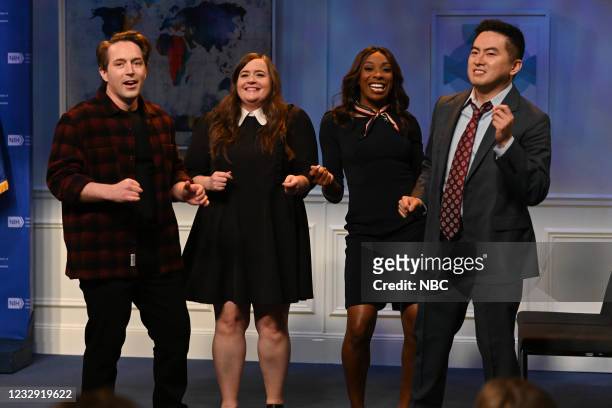 Keegan-Michael Key" Episode 1804 -- Pictured: Beck Bennett, Aidy Bryant, Ego Nwodim, and Bowen Yang during the "No More Masks" Cold Open on Saturday,...