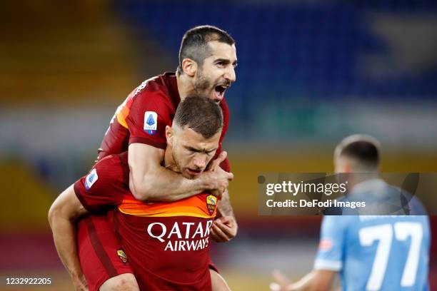 Henrikh Mkhitaryan of AS Roma and Edin Dzeko of AS Roma celebrate after scoring their team's first goal during the Serie A match between AS Roma and...