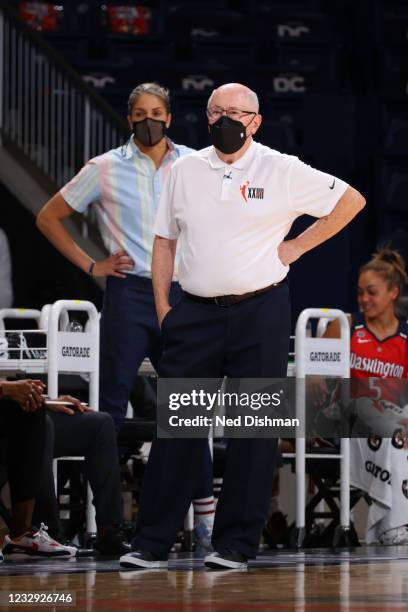 Mike Thibault of the Washington Mystics looks on during the game against the Chicago Sky on May 15, 2021 at Entertainment & Sports Arena in...