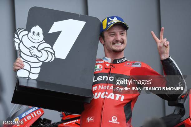 Ducati Team Australian's rider Jack Miller celebrates as winner, after the French MotoGP in Le Mans, northwestern France, on May 16, 2021.