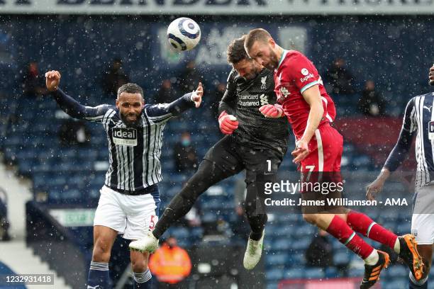 Goalkeeper Alisson Becker of Liverpool scores a goal to make it 1-2 during the Premier League match between West Bromwich Albion and Liverpool at The...
