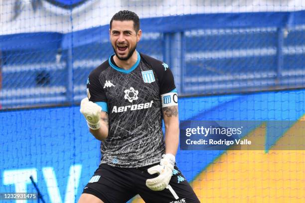 Gabriel Arias of Racing Club celebrates after saving a penalty during a penalty shoot out after a quarter final match of Copa De La Liga Profesional...