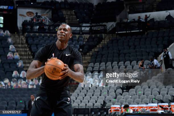 Gorgui Dieng of the San Antonio Spurs smiles before the game against the Phoenix Suns on May 16, 2021 at the AT&T Center in San Antonio, Texas. NOTE...