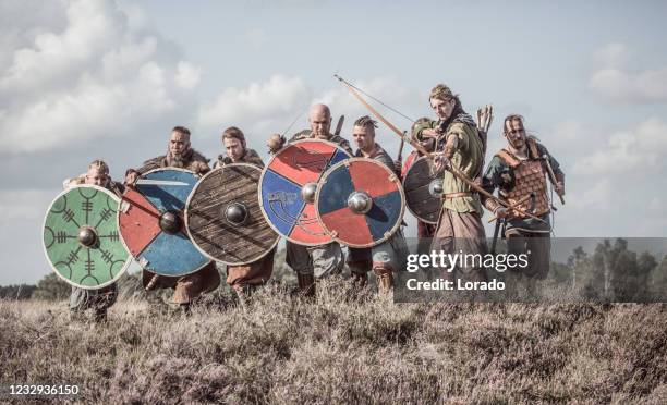 形成でバイキングの戦士を振り回す武器 - バイキング ストックフォトと画像