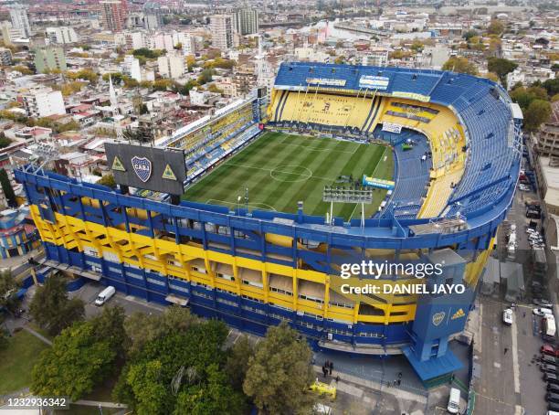 Aerial view of La Bombonera stadium in Buenos Aires taken before the Argentine Professional Football League quarter-final match between Boca Juniors...