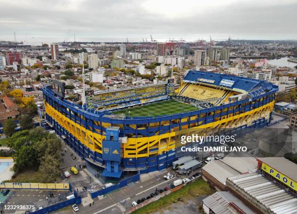 Aerial view of La Bombonera stadium in Buenos Aires taken before the Argentine Professional Football League quarter-final match between Boca Juniors...