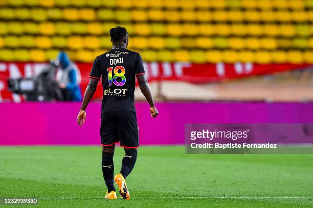 Jeremy DOKU of Rennes with a special jersey in color of the gay flag to protest against homophobia during the French Ligue 1 soccer match between...