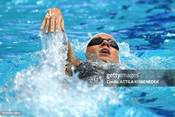 Hungary's Boglarka Kapas competes in a heat for the Womens 400m Individual Medley Swimming event during the LEN European Aquatics Championships at...