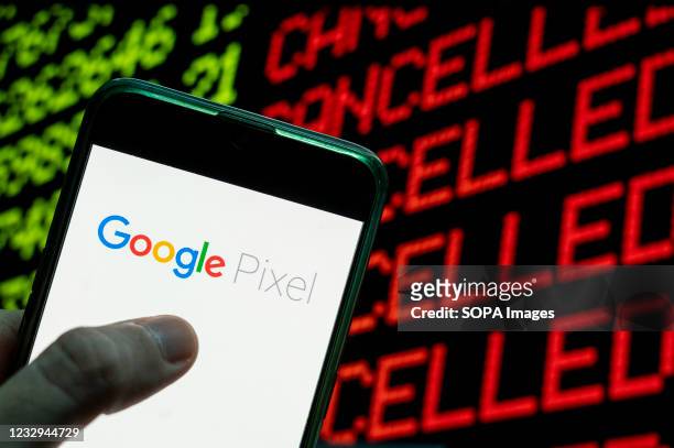In this photo illustration the American android consumer electronic devices developed by Google, Google Pixel logo seen displayed on a smartphone...