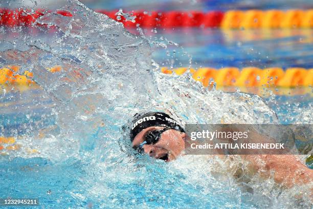 Italy's Alessandro Miressi competes in a heat for the Mens 4x100m Freestyle Relay Swimming event during the LEN European Aquatics Championships at...