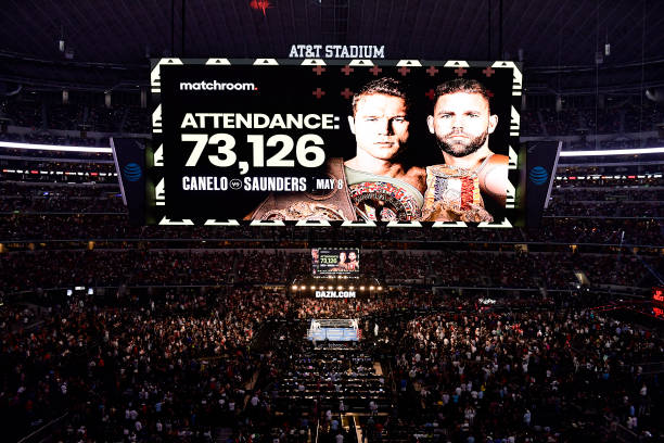 Super Middleweight Unification Bout: View of scoreboard with Canelo Alvarez and Billy Joe Saunders pictured and reads ATTENDANCE: 73,126 at AT&T...