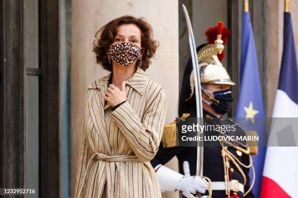 Director General Audrey Azoulay arrives for a dinner at the Elysee Presidential Palace in Paris, on May 17 following an international conference on...