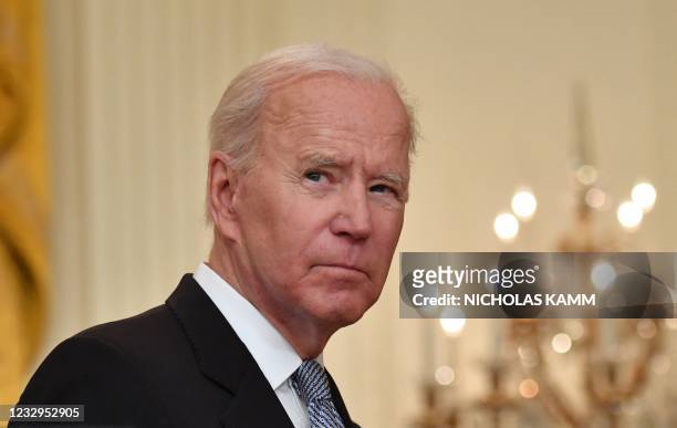 President Joe Biden delivers remarks on the COVID-19 response and the vaccination in the East Room at the White House in Washington, DC on May 17,...