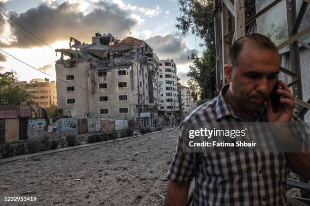 Destroyed commercial building is pictured following an Israeli airstrike on the upper floors of a commercial building near the Health Ministry in...