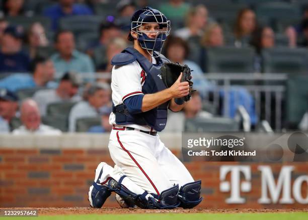 Jeff Mathis of the Atlanta Braves sets up in the sixth inning of an MLB game against the New York Mets at Truist Park on May 17, 2021 in Atlanta,...