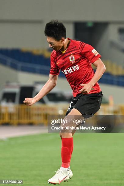 Wang Peng of Changchun Yatai celebrates his goal during a 2021 season Chinese Football Association Super League CSL match between Shanghai Shenhua...