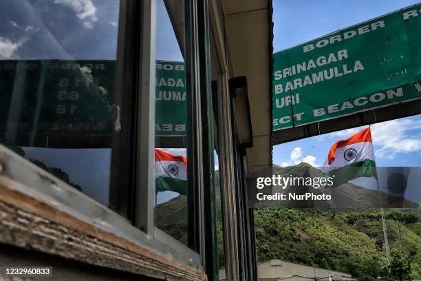 Indian Army Installed a 60 Feet Long Indian National Flag on the LoC near Aman Setu Bridge in URI sector of District Baramulla, Jammu and Kashmir,...