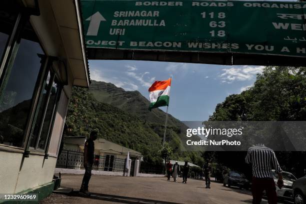 Indian Army Installed a 60 Feet Long Indian National Flag on the LoC near Aman Setu Bridge in URI sector of District Baramulla, Jammu and Kashmir,...