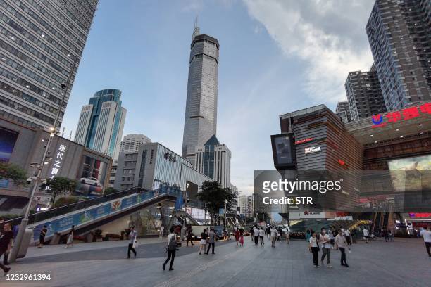 The 300-metre high SEG Plaza is seen after it began to shake, in Shenzhen in China's southern Guangdong province on May 18, 2021. - - China OUT /...