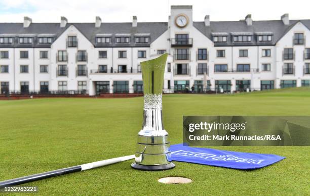 The Trophy on the 18th green during the AIG Women's Open 2021 Trophy Exhibition at Carnoustie Golf Links on May 18, 2021 in Carnoustie, Scotland.