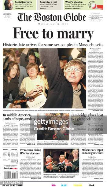 The front page of The Boston Globe on May 17 reports Massachusetts legalizing marriage for gay couples.