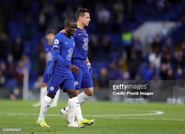 Golo Kanté of Chelsea goes off in the first half during the Premier League match between Chelsea and Leicester City at Stamford Bridge on May 18,...
