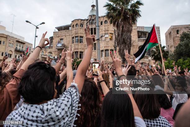 Palestinian citizens of Israel demonstrate in Haifa, Israel on 18 May to mark a nationwide general strike called by the country's Arab leadership and...