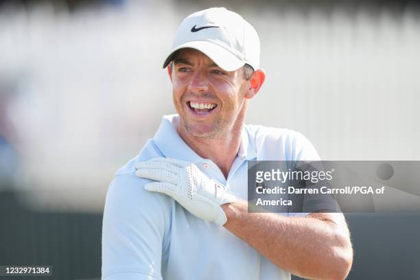 Rory McIlroy of Northern Ireland on the practice range during a practice round of the 2021 PGA Championship held at the Ocean Course of Kiawah Island...