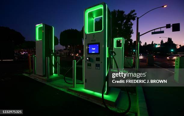An Electric Vehicle charging station in Monterey Park, California on May 18, 2021. - President Joe Biden's administration continues the push for...