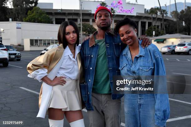 Jurnee Smollett, Jonathan Majors and Misha Green attend the HBO Max FYC Drive-In for "Lovecraft Country" at the Rose Bowl on May 18, 2021 in...