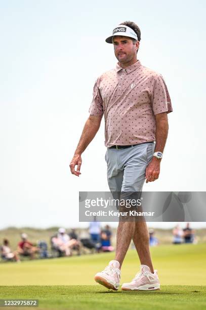 Bubba Watson walks off the 18th hole green during practice for the PGA Championship on The Ocean Course at Kiawah Island Golf Resort on May 18 in...