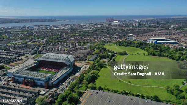 General external aerial view of Anfield, home stadium of Liverpool showing the close proximity of Goodison Park, home stadium of Everton overlooking...