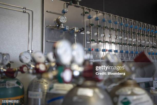 Helium tanks in front of the helium testing lab at the North American Helium Inc. Purification plant in Battle Creek, Saskatchewan, Canada, on...