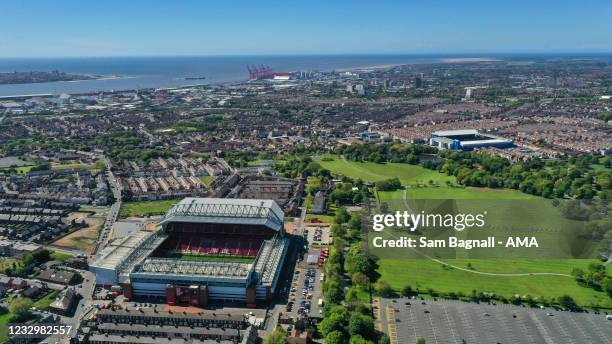 General external aerial view of Anfield, home stadium of Liverpool showing the close proximity of Goodison Park, home stadium of Everton overlooking...