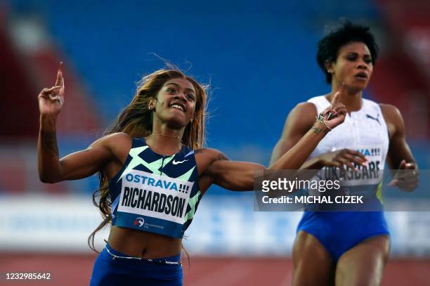 S Sha'Carri Richardson celebrates winning the women's 200m race at the IAAF Golden Spike 2021 Athletics meeting in Ostrava, Czech Republic, on May...