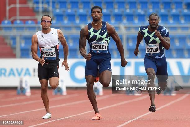S Fred Kerley wins the men's 100m race ahead of his compatriot Justin Gatlin and Canada's Andre de Grasse at the IAAF Golden Spike 2021 Athletics...