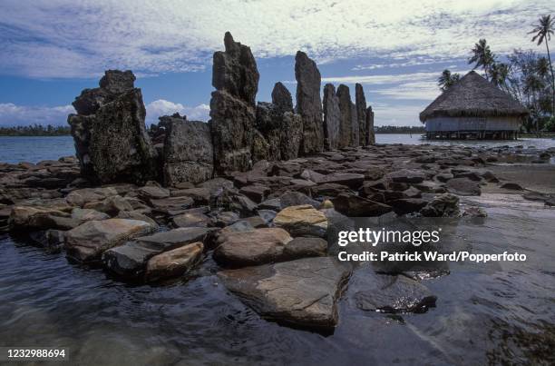 The ancient Marae Vaiotaha, a Tahititian open-air temple, on Lake Fauna Nui, on the island of Huahine, French Polynesia, circa October 1991.