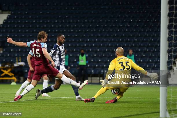 Darren Randolph of West Ham United makes a save from Semi Ajayi of West Bromwich Albion at close range during the Premier League match between West...