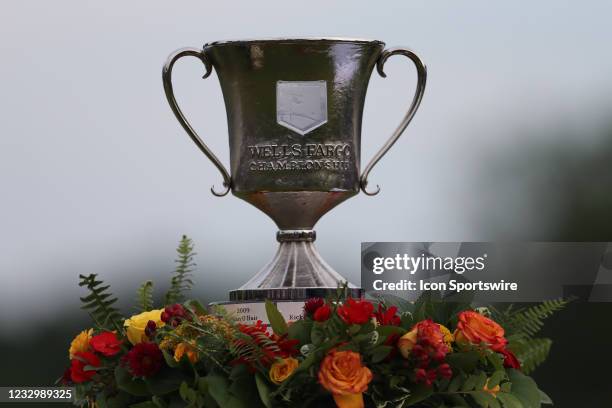 Winner's trophy on the 18th green after the final round of the Wells Fargo Championship on May 09 at Quail Hollow Club in Charlotte, NC.