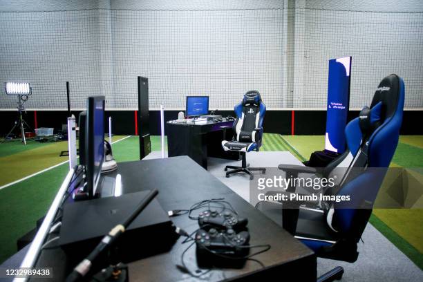General view of the set-up of the final of the Proximus ePro League, the esports FIFA competition of the Pro League at FitFive on May 19, 2021 in...