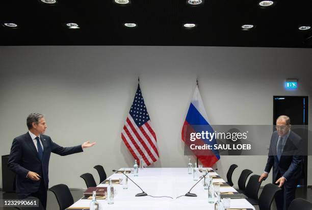 Secretary of State Antony Blinken meets with Russian Foreign Minister Sergey Lavrov at the Harpa Concert Hall in Reykjavik, Iceland, May 19 on the...