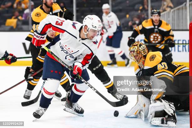 Conor Sheary of the Washington Capitals makes a play on net against Tuukka Rask of the Boston Bruins in the second period in Game Three of the First...