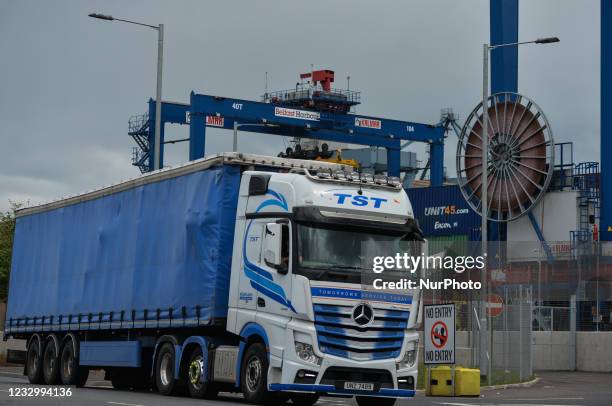 Lorry seen next to the container terminal in Belfast Port. On Wednesday, May 19 in Bangor, County Down, Northern Ireland
